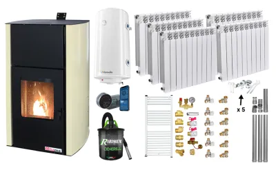 Pachet Termosemineu pe peleti Fornello Fiama Confort 30 kW cu radiatoare aluminiu