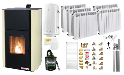 Pachet Termosemineu pe peleti Fornello Fiama Confort 30 kW cu radiatoare aluminiu