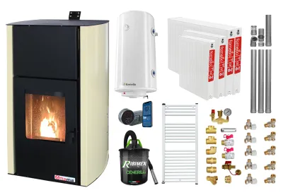 Pachet Termosemineu pe peleti Fornello Fiama Confort 30 kW cu radiatoare otel