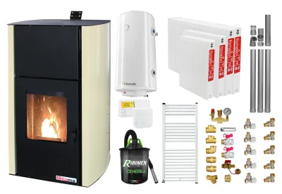 Pachet Termosemineu pe peleti Fornello Fiama Confort 30 kW cu radiatoare otel