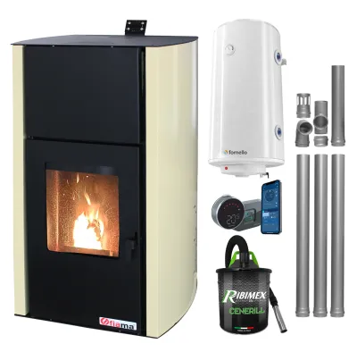 Termosemineu pe peleti Fornello Fiama Confort 30 kW, 200 mp, kit 3.5 ml, boiler, crem