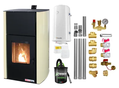 Termosemineu pe peleti Fornello Fiama Confort 30 kW, 200 mp, kit 3.5 ml, boiler, crem