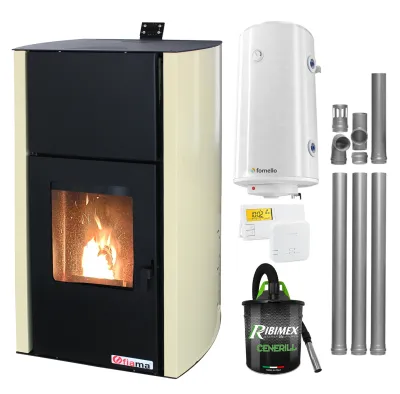 Termosemineu pe peleti Fornello Fiama Confort 30 kW, 200 mp, kit 3.5 ml, boiler, crem