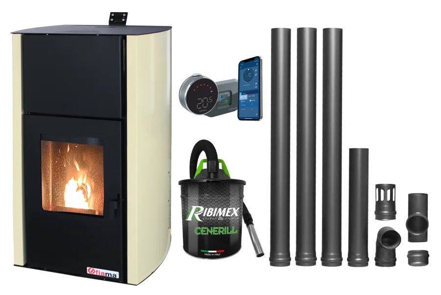 Termosemineu pe peleti Fornello Fiama Confort 30 kW, 200 mp, kit 3.5 ml, crem