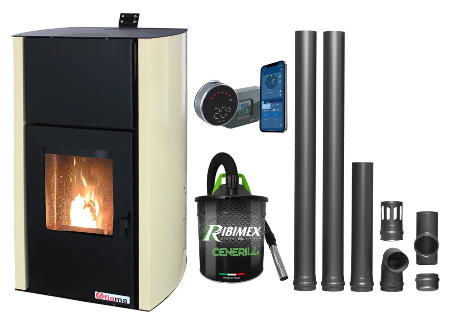 Termosemineu pe peleti Fornello Fiama Confort 30 kW, 200 mp, kit 2.5 ml, crem