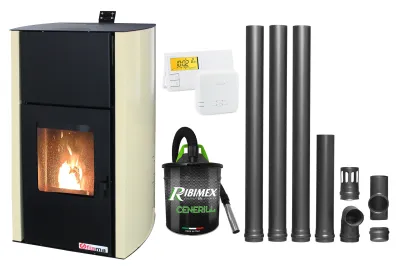 Termosemineu pe peleti Fornello Fiama Confort 30 kW cu kit evacuare 3.5 ml, crem