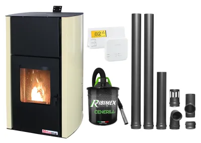 Termosemineu pe peleti Fornello Fiama Confort 30 kW cu kit evacuare 2.5 ml, crem