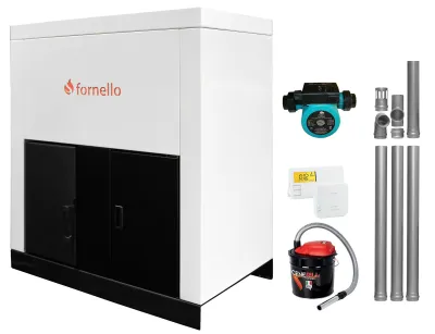 Pachet centrală pe peleti Fornello Eco Energy 35 kW, kit evacuare și accesorii