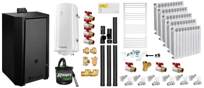 Pachet centrală pe peleți Fornello EVA B Black 30 kW cu boiler 100L și radiatoare
