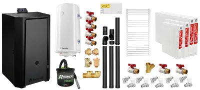Pachet centrală pe peleți Fornello EVA B Black 30 kW cu boiler 100L și radiatoare