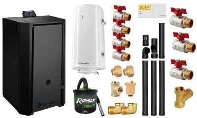Pachet centrală pe peleți Fornello EVA B Black 30 kW cu boiler 100L și fitinguri