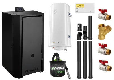 Pachet Centrala pe peleti Fornello EVA B Black 30 KW, Boiler 100L, Kit 3.5 ml, Aspirator