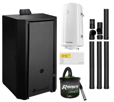 Pachet Centrala pe peleti Fornello EVA B Black 30 KW, Boiler 100L, Grup Siguranta, Negru
