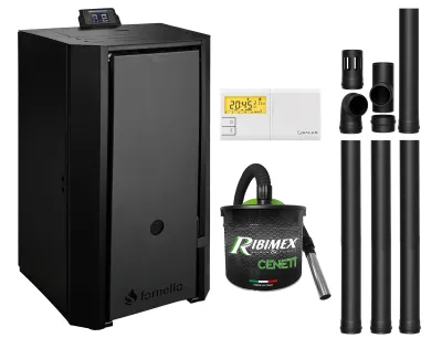 Pachet Centrala pe peleti Fornello EVA B Black 30 KW, Termostat Salus 091FLRFV2, 200 mp