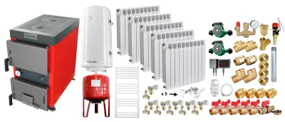 Pachet cazan Fornello Rustic KP 20 kW cu plită, calorifere aluminiu și accesorii