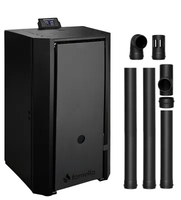 Pachet centrală pe peleți Fornello EVA B Black 30 kW, Wi-Fi, kit evacuare 2.5 m