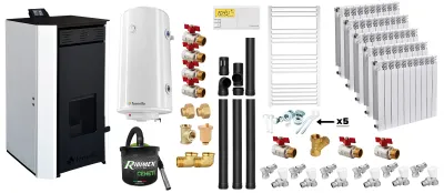 Pachet termosemineu peleți Fornello EVA 30 kW, Wi-Fi, kit evacuare 3.5 m, boiler 100L