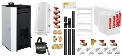 Pachet termosemineu peleți Fornello EVA 30 kW, Wi-Fi, kit evacuare 3.5 m, boiler 100L