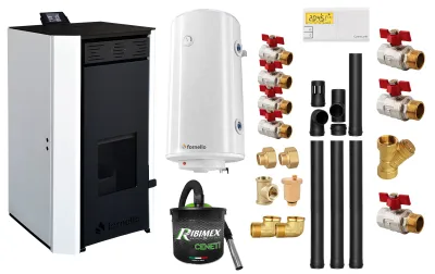 Pachet termosemineu peleți Fornello EVA 30 kW, Wi-Fi, kit evacuare 3.5 m, boiler 100L