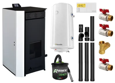 Pachet termosemineu peleți Fornello EVA 30 kW, Wi-Fi, kit evacuare 3.5 m, boiler 100L