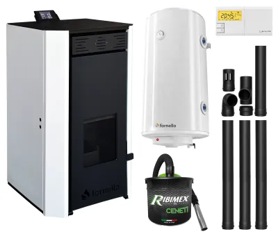 Pachet Termosemineu pe peleti Fornello EVA 30 KW cu Boiler 100L si Aspirator