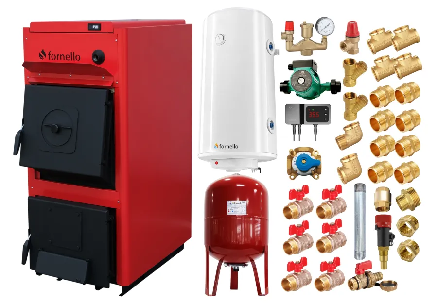 Pachet centrala pe combustibil solid Fornello T-PRO 40 kW, boiler, vas 50L si accesorii