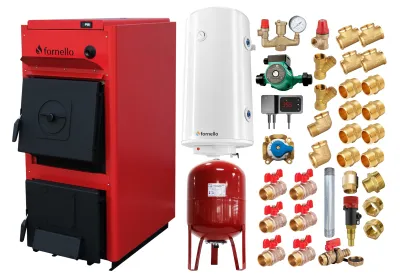 Pachet centrala pe combustibil solid Fornello T-PRO 40 kW, boiler, vas 50L si accesorii