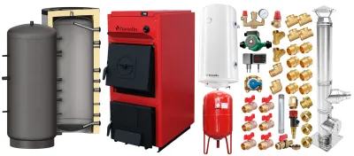 Pachet centrala pe combustibil solid Fornello T-PRO 35 kW, cos inox, puffer si boiler