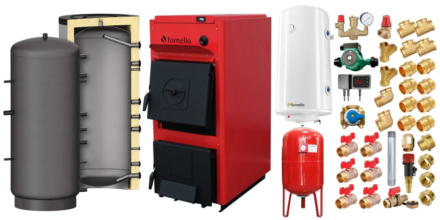 Pachet centrala pe combustibil solid Fornello T-PRO 35 kW, puffer, boiler, vas 100L