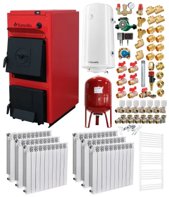 Pachet centrala pe combustibil solid Fornello T-PRO 35 kW, radiatoare aluminiu