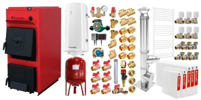 Pachet centrală Fornello T-PRO 35 kW, coș inox 6m, radiatoare oțel, boiler, vas 50L