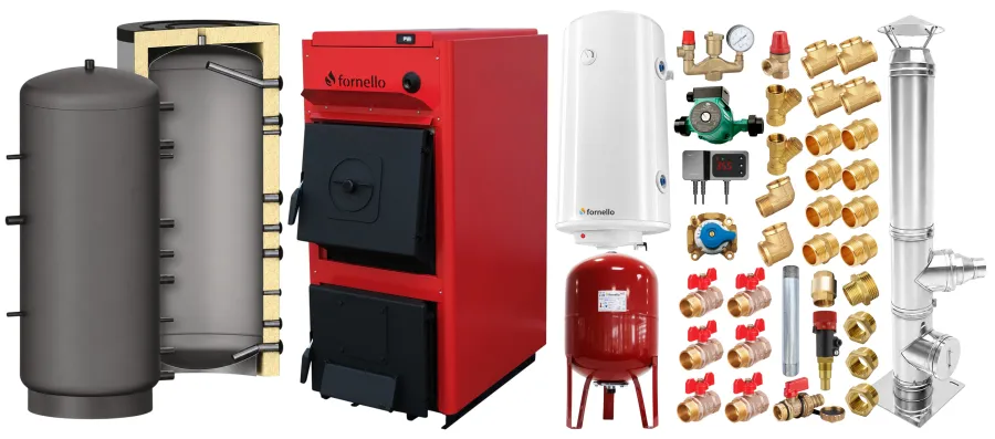 Pachet centrală Fornello T-PRO 25 kW, coș inox 6m, puffer 800L, boiler, vas 80L