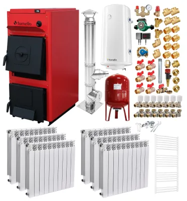 Pachet centrala pe combustibil solid Fornello T-PRO 25 kW, cos inox si calorifere