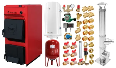 Pachet centrală pe combustibil solid Fornello T-PRO 25 kW, coș inox, boiler și accesorii