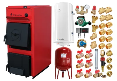 Pachet centrală pe combustibil solid Fornello T-PRO 25 kW, boiler, vas expansiune și fitinguri